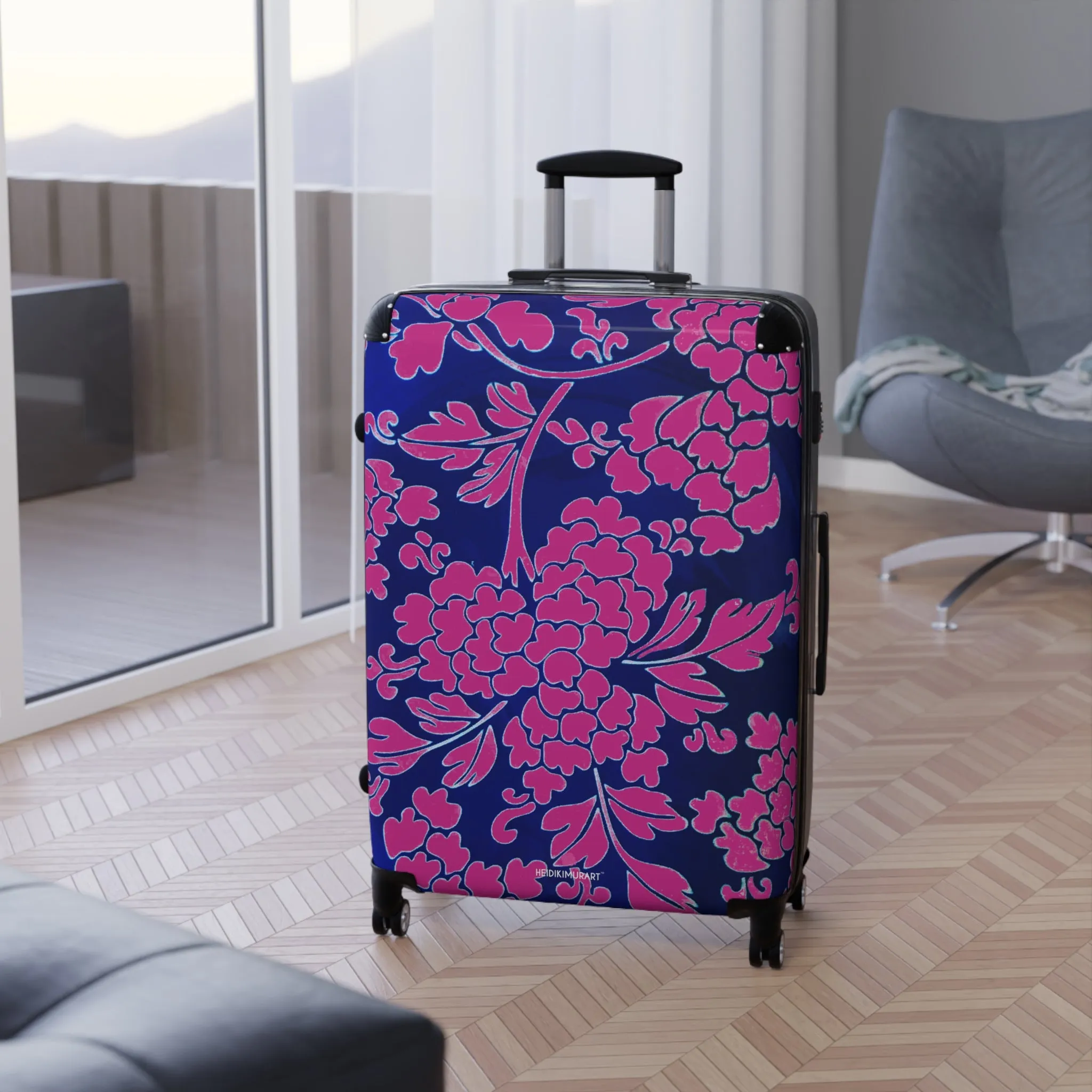 Hot Pink Floral Print Suitcases, Blue Floral Print Suitcase, Travel Bag Suitcases (Small, Medium, Large)