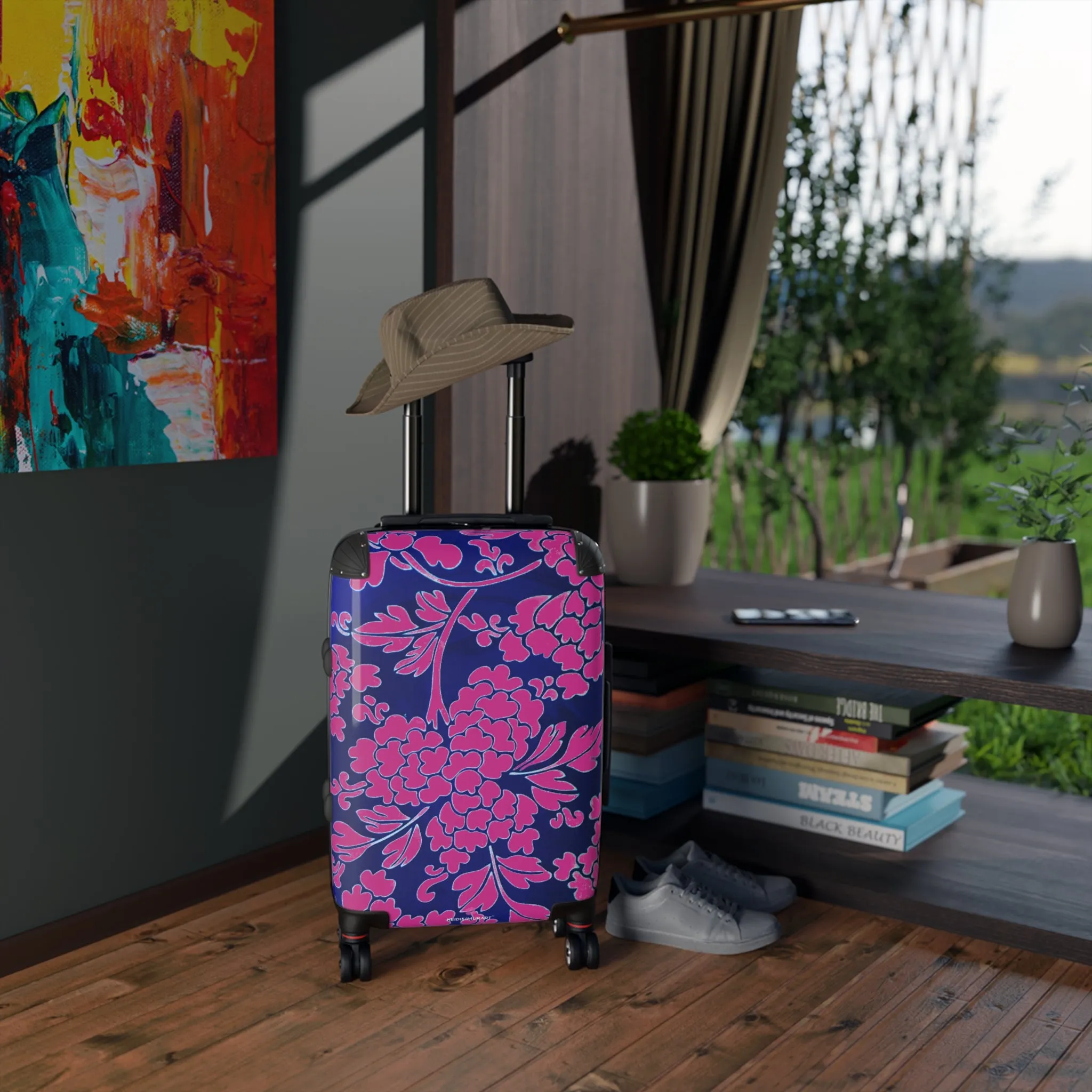 Hot Pink Floral Print Suitcases, Blue Floral Print Suitcase, Travel Bag Suitcases (Small, Medium, Large)