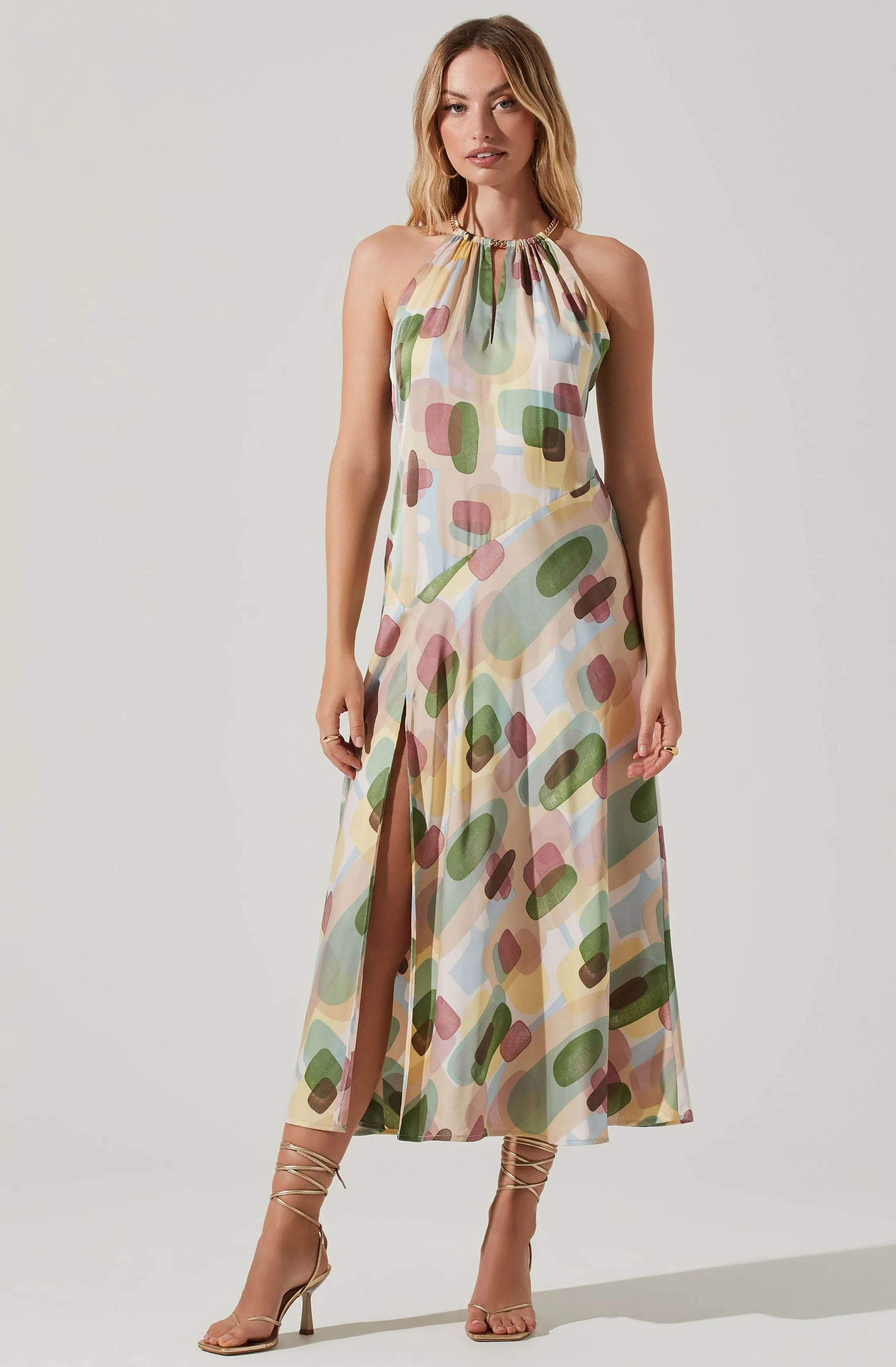 Kazia Geo Print Halter Chain Strap Midi Dress