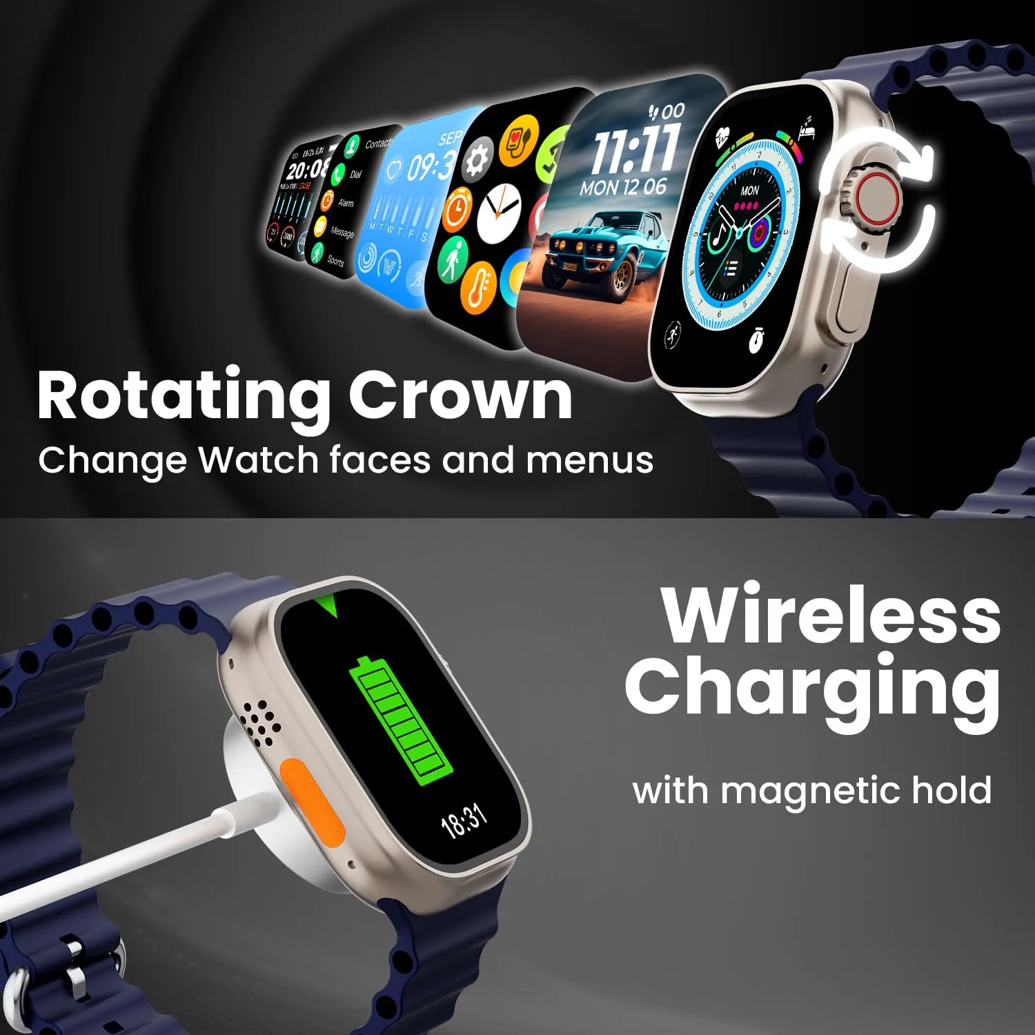 Kratos SW17 Ultra  Smartwatch with 1.96" Touch Display, Advanced BT Calling, Wireless Charging Smart Watch, Voice Assistant, 100  Sports Modes, Rotating Crown, Metallic Body, IP67, Heart Rate, SpO2