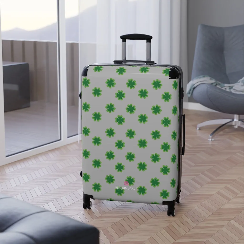 Light Gray Clover Print Suitcases, Irish Style St. Patrick's Day Designer Suitcase Luggage (Small, Medium, Large)