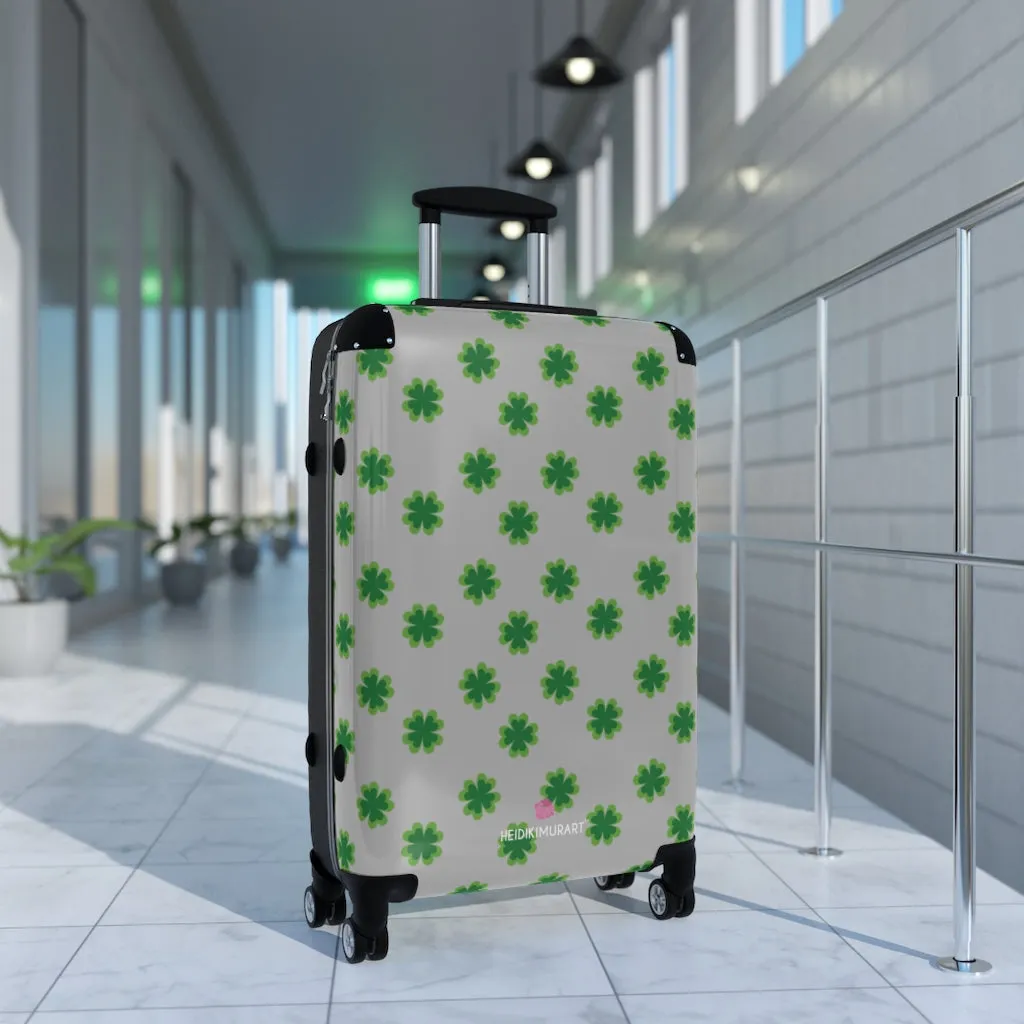 Light Gray Clover Print Suitcases, Irish Style St. Patrick's Day Designer Suitcase Luggage (Small, Medium, Large)