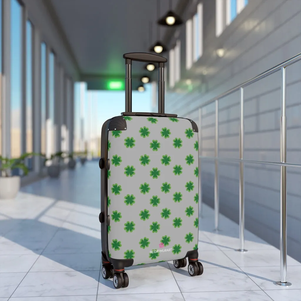 Light Gray Clover Print Suitcases, Irish Style St. Patrick's Day Designer Suitcase Luggage (Small, Medium, Large)