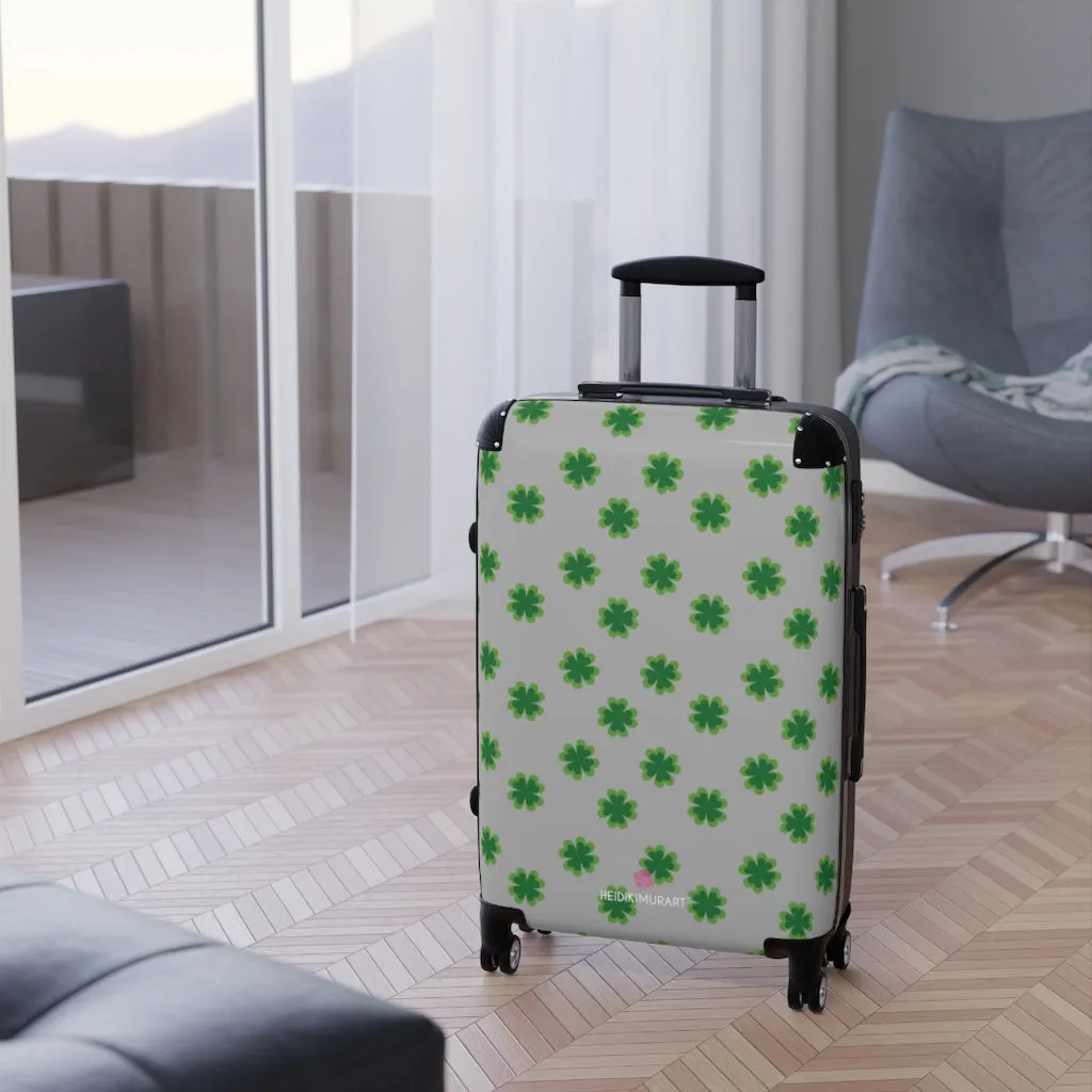 Light Gray Clover Print Suitcases, Irish Style St. Patrick's Day Designer Suitcase Luggage (Small, Medium, Large)