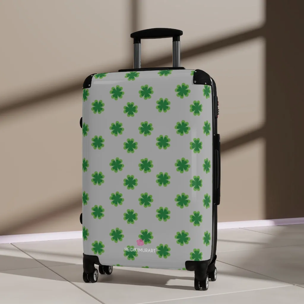 Light Gray Clover Print Suitcases, Irish Style St. Patrick's Day Designer Suitcase Luggage (Small, Medium, Large)