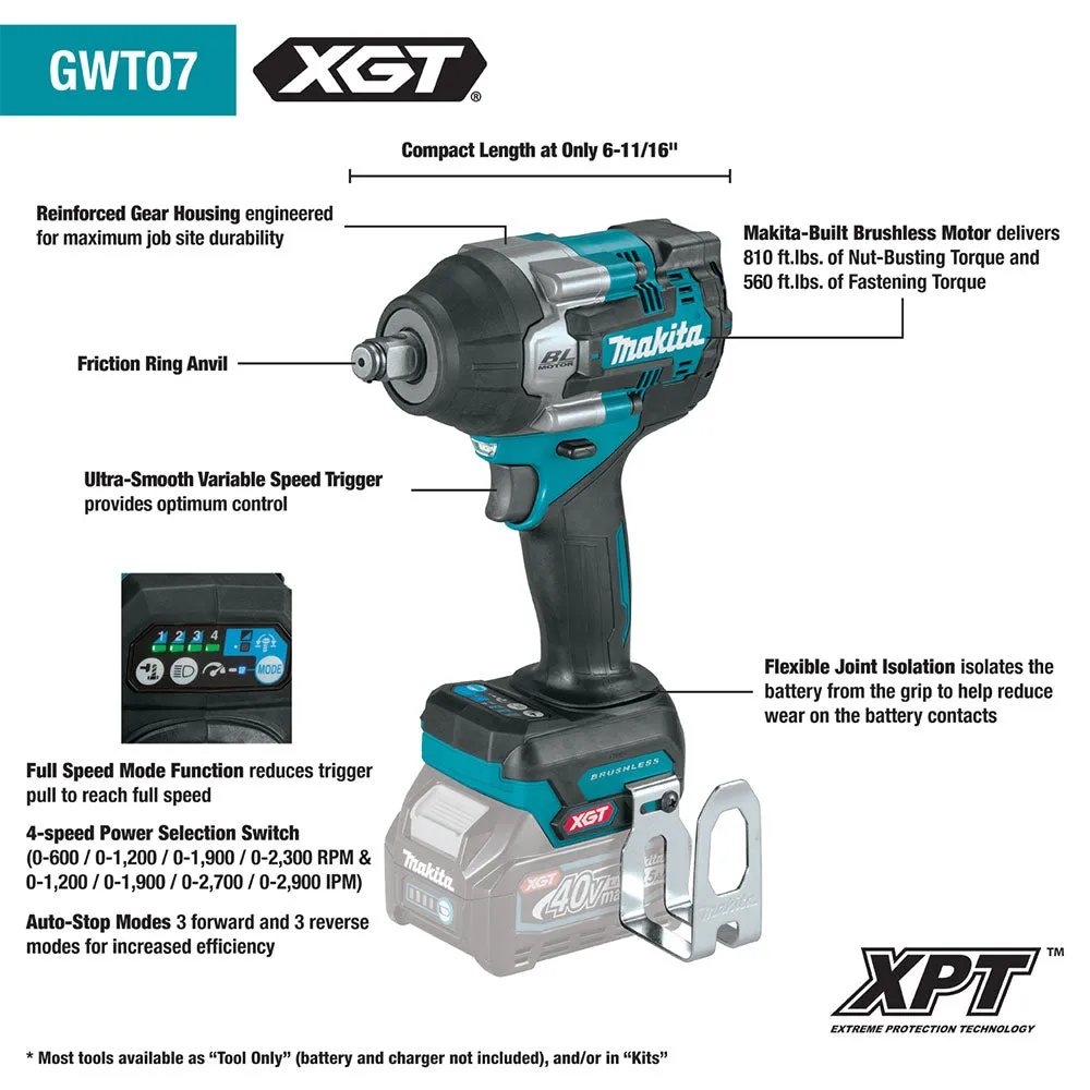 Makita GWT07Z 40V XGT Brushless 1/2" Sq. Mid-Torque Impact Wrench  -Bare Tool