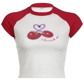 "Cherry Cherish Me" Graphic Ringer Tee