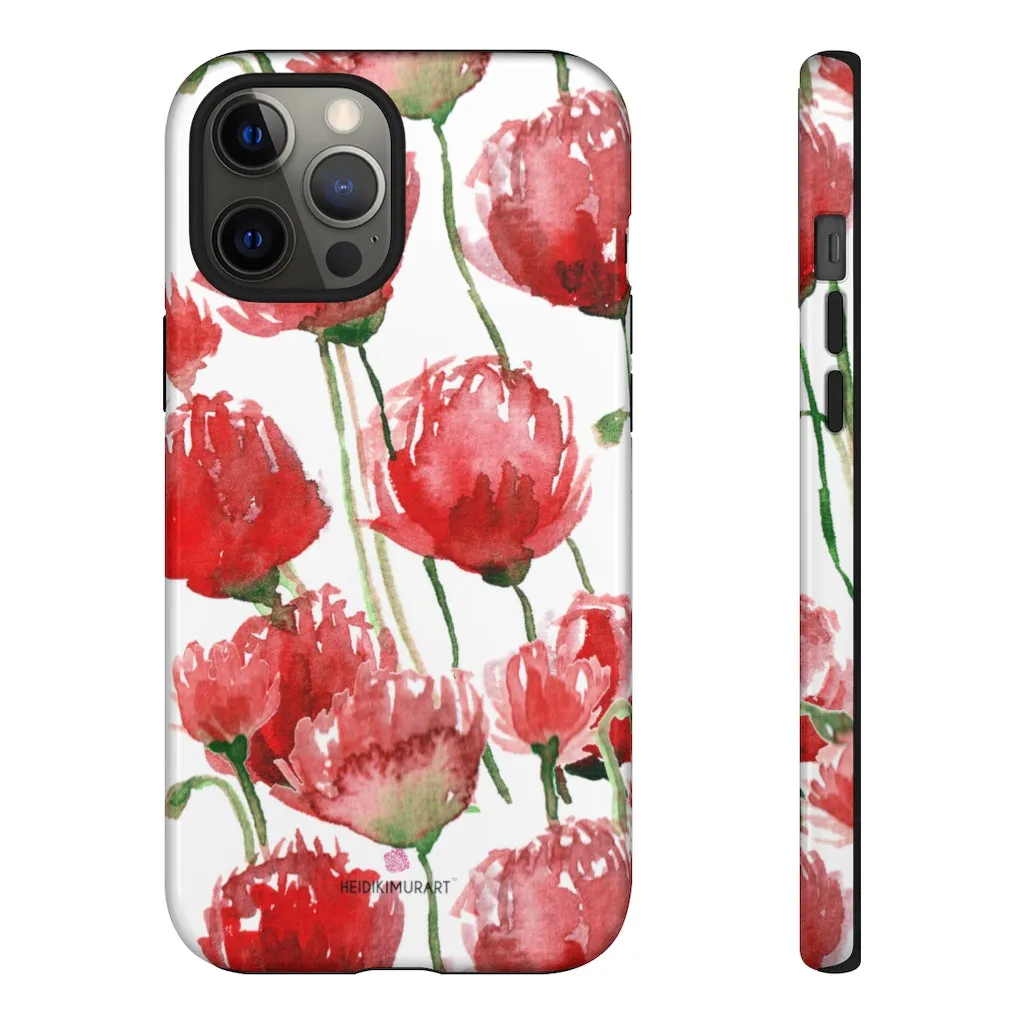 Red Poppy Floral Phone Case, Designer Flower Print iPhone Samsung Tough Phone Cases