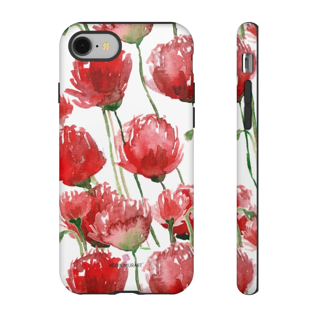 Red Poppy Floral Phone Case, Designer Flower Print iPhone Samsung Tough Phone Cases