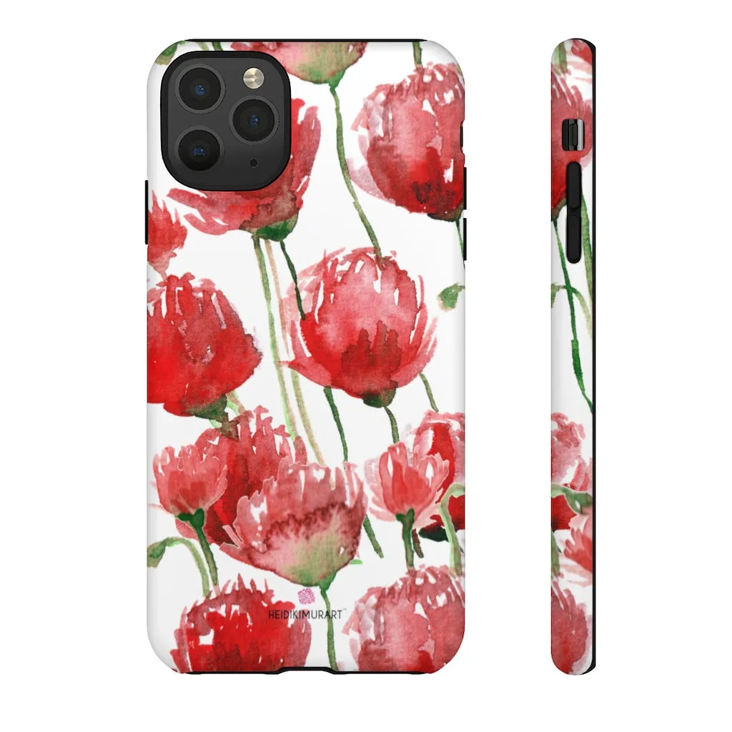 Red Poppy Floral Phone Case, Designer Flower Print iPhone Samsung Tough Phone Cases