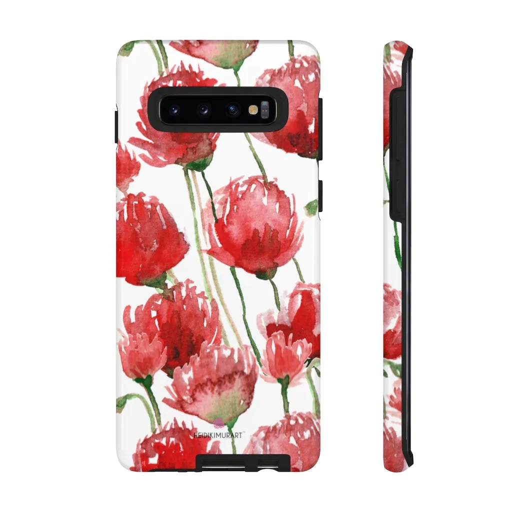 Red Poppy Floral Phone Case, Designer Flower Print iPhone Samsung Tough Phone Cases