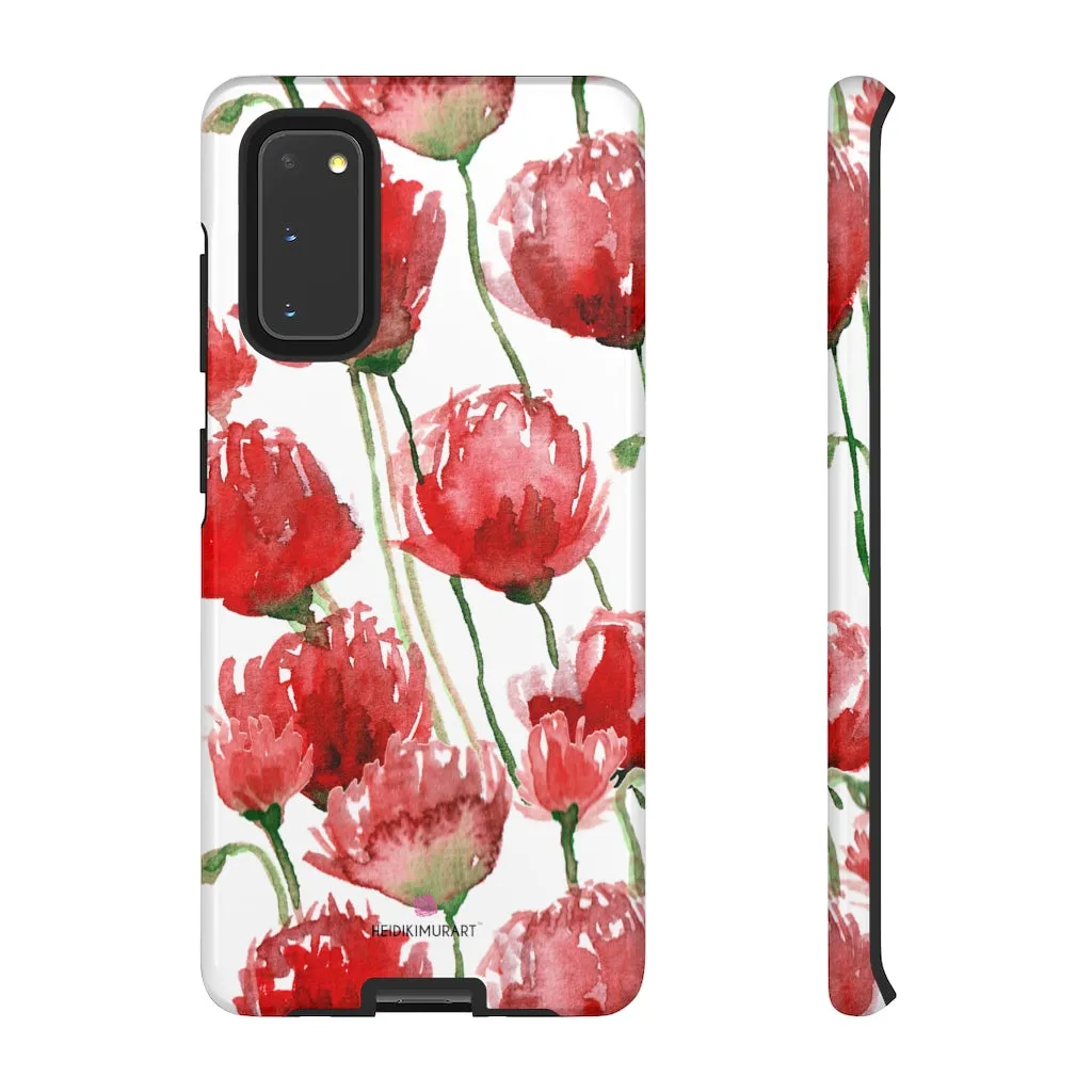 Red Poppy Floral Phone Case, Designer Flower Print iPhone Samsung Tough Phone Cases