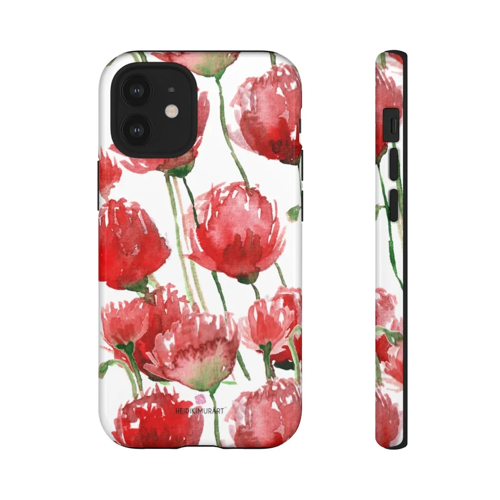 Red Poppy Floral Phone Case, Designer Flower Print iPhone Samsung Tough Phone Cases