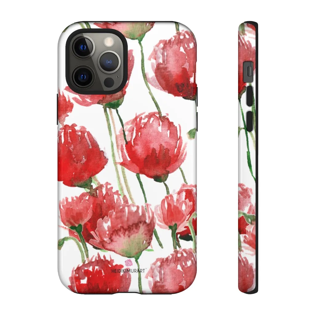 Red Poppy Floral Phone Case, Designer Flower Print iPhone Samsung Tough Phone Cases