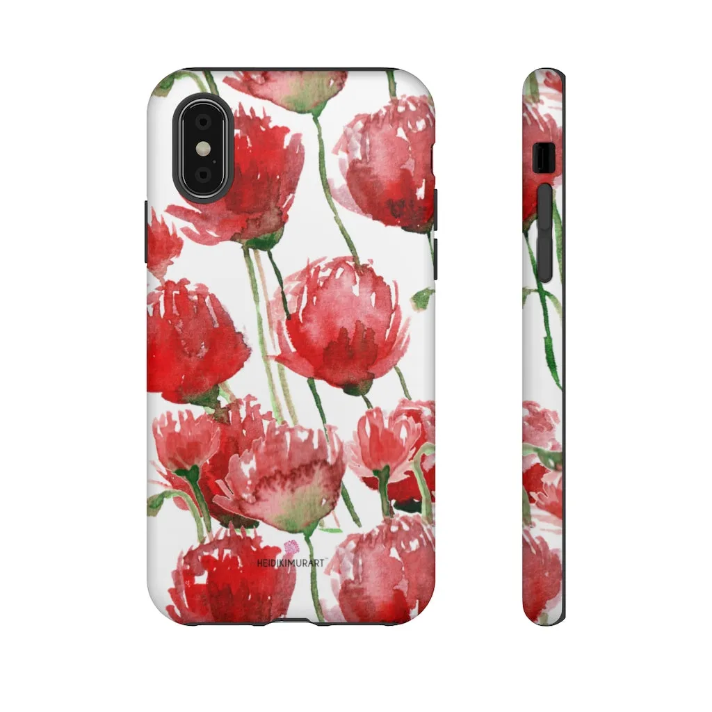 Red Poppy Floral Phone Case, Designer Flower Print iPhone Samsung Tough Phone Cases