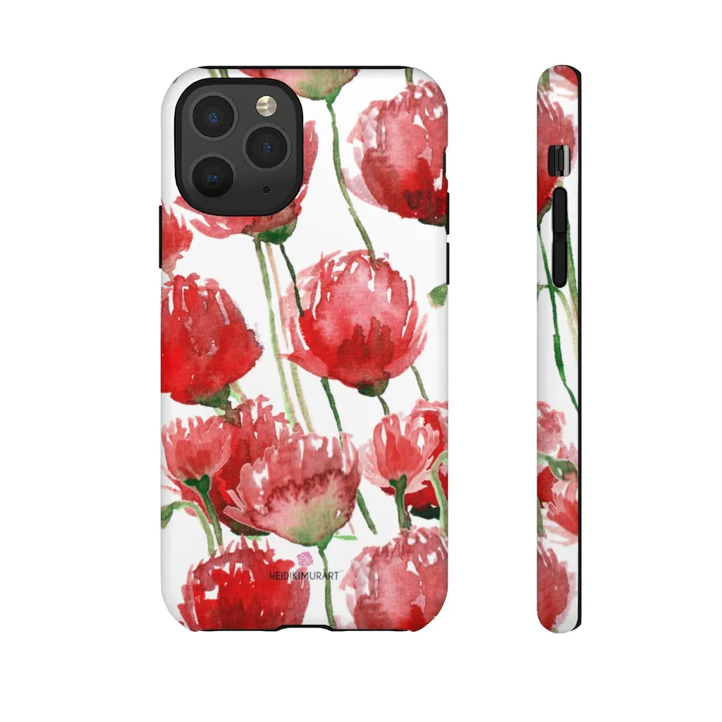 Red Poppy Floral Phone Case, Designer Flower Print iPhone Samsung Tough Phone Cases