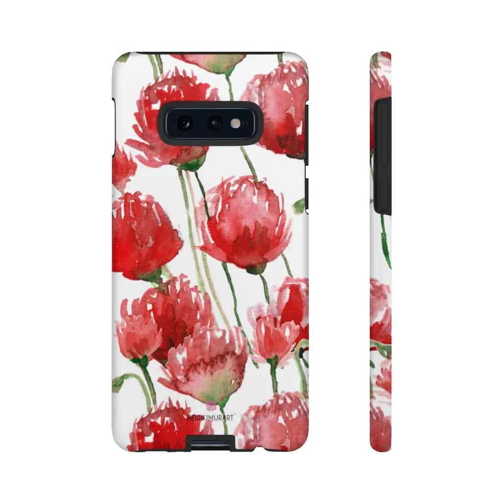 Red Poppy Floral Phone Case, Designer Flower Print iPhone Samsung Tough Phone Cases