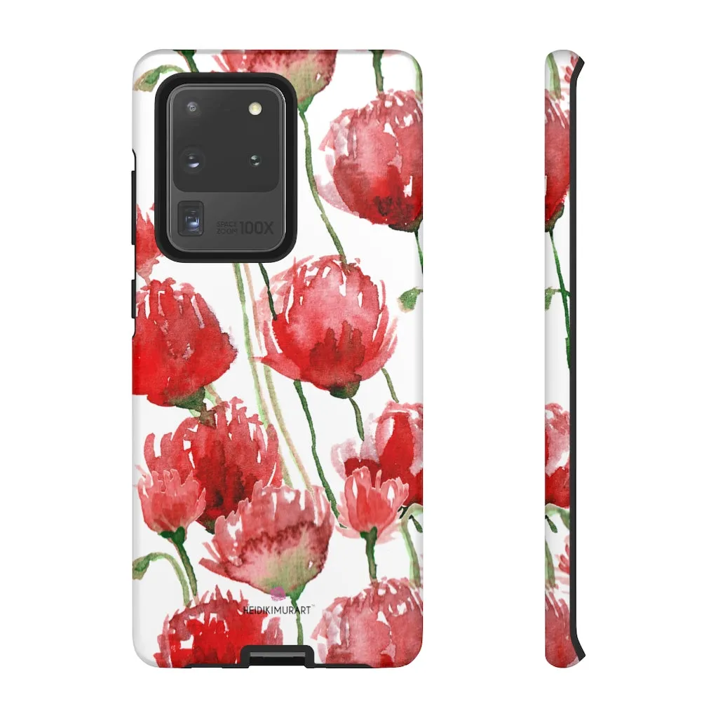 Red Poppy Floral Phone Case, Designer Flower Print iPhone Samsung Tough Phone Cases