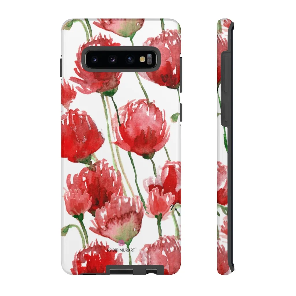 Red Poppy Floral Phone Case, Designer Flower Print iPhone Samsung Tough Phone Cases