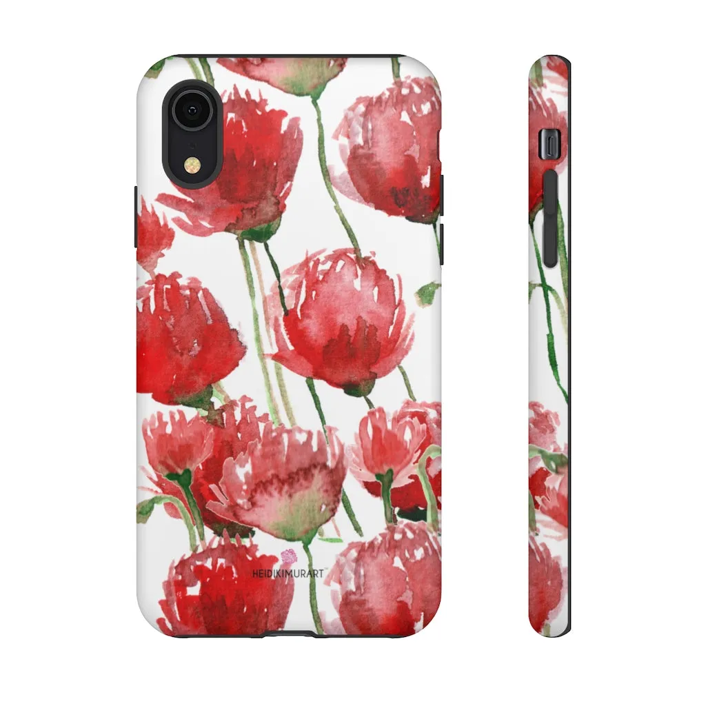 Red Poppy Floral Phone Case, Designer Flower Print iPhone Samsung Tough Phone Cases