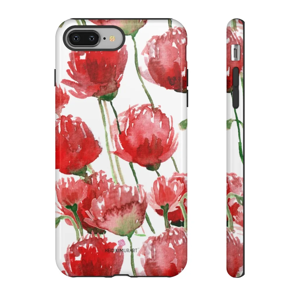 Red Poppy Floral Phone Case, Designer Flower Print iPhone Samsung Tough Phone Cases