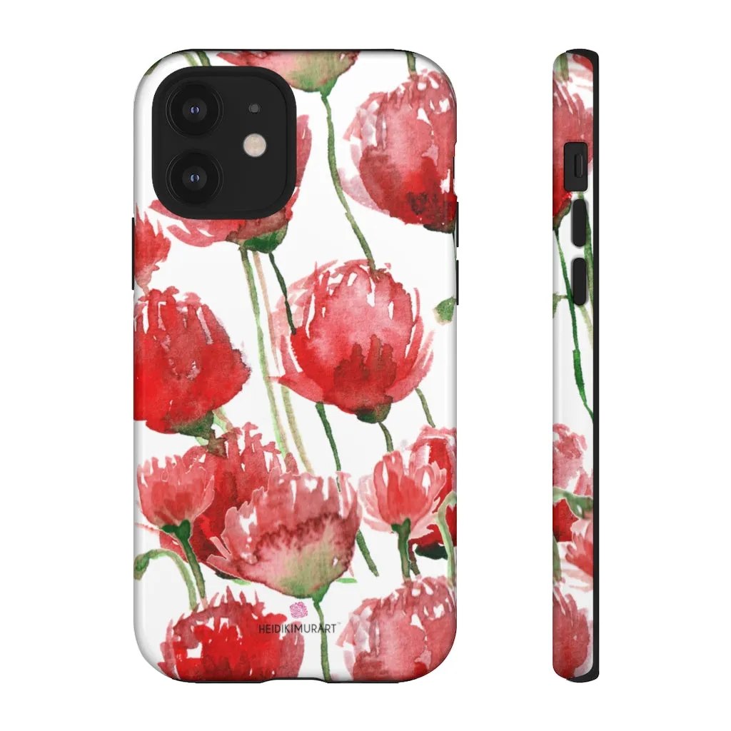 Red Poppy Floral Phone Case, Designer Flower Print iPhone Samsung Tough Phone Cases