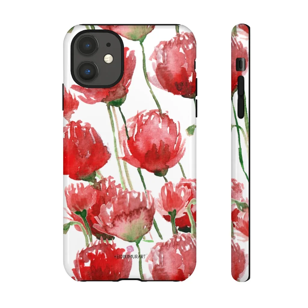 Red Poppy Floral Phone Case, Designer Flower Print iPhone Samsung Tough Phone Cases