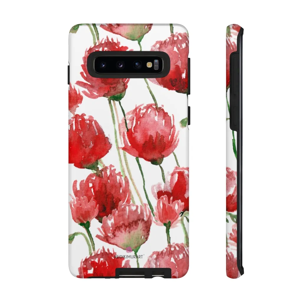 Red Poppy Floral Phone Case, Designer Flower Print iPhone Samsung Tough Phone Cases