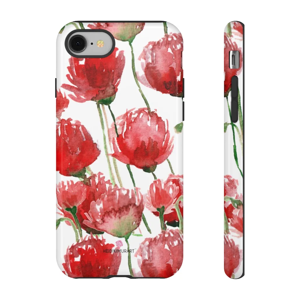 Red Poppy Floral Phone Case, Designer Flower Print iPhone Samsung Tough Phone Cases