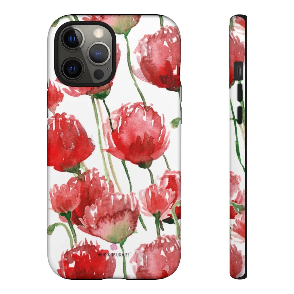 Red Poppy Floral Phone Case, Designer Flower Print iPhone Samsung Tough Phone Cases