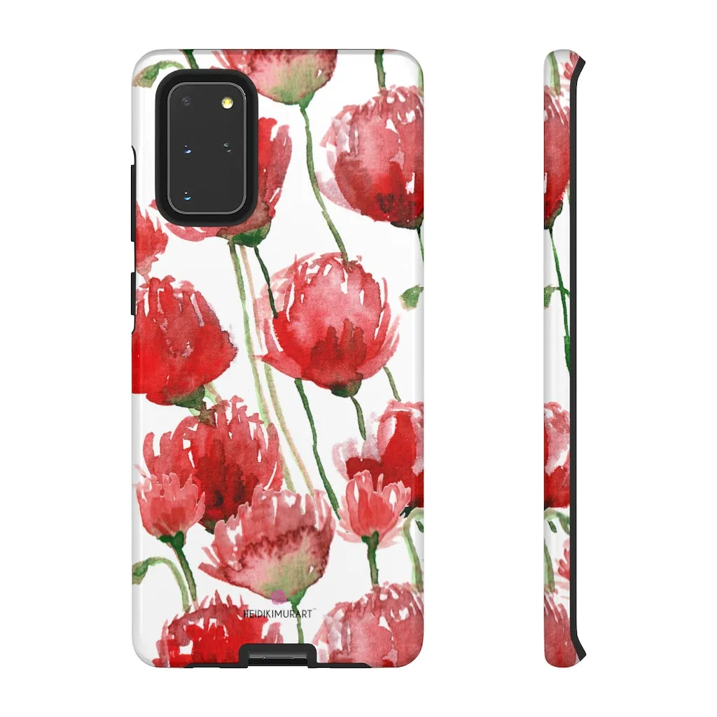 Red Poppy Floral Phone Case, Designer Flower Print iPhone Samsung Tough Phone Cases