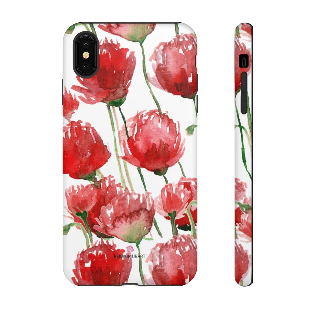 Red Poppy Floral Phone Case, Designer Flower Print iPhone Samsung Tough Phone Cases