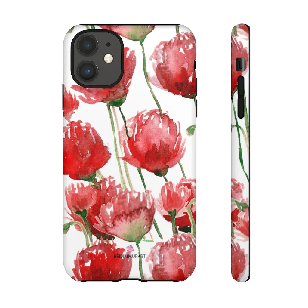 Red Poppy Floral Phone Case, Designer Flower Print iPhone Samsung Tough Phone Cases