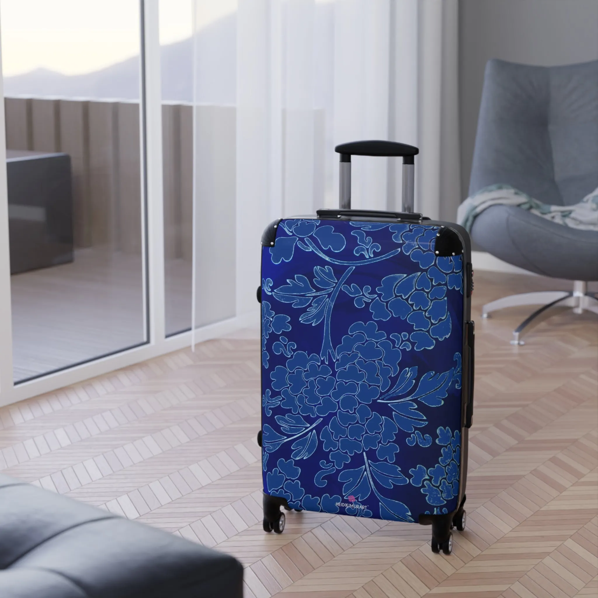 Royal Blue Floral Print Suitcase, Abstract Oriental Style Floral Print Designer Suitcases, Travel Bag Suitcases (Small, Medium, Large)