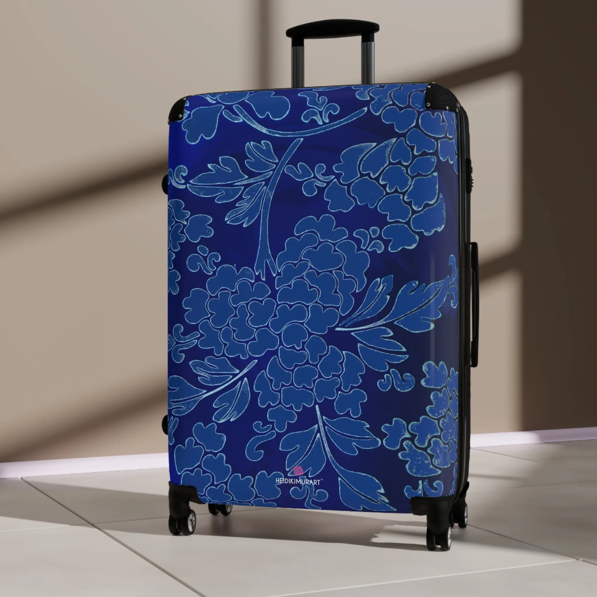 Royal Blue Floral Print Suitcase, Abstract Oriental Style Floral Print Designer Suitcases, Travel Bag Suitcases (Small, Medium, Large)