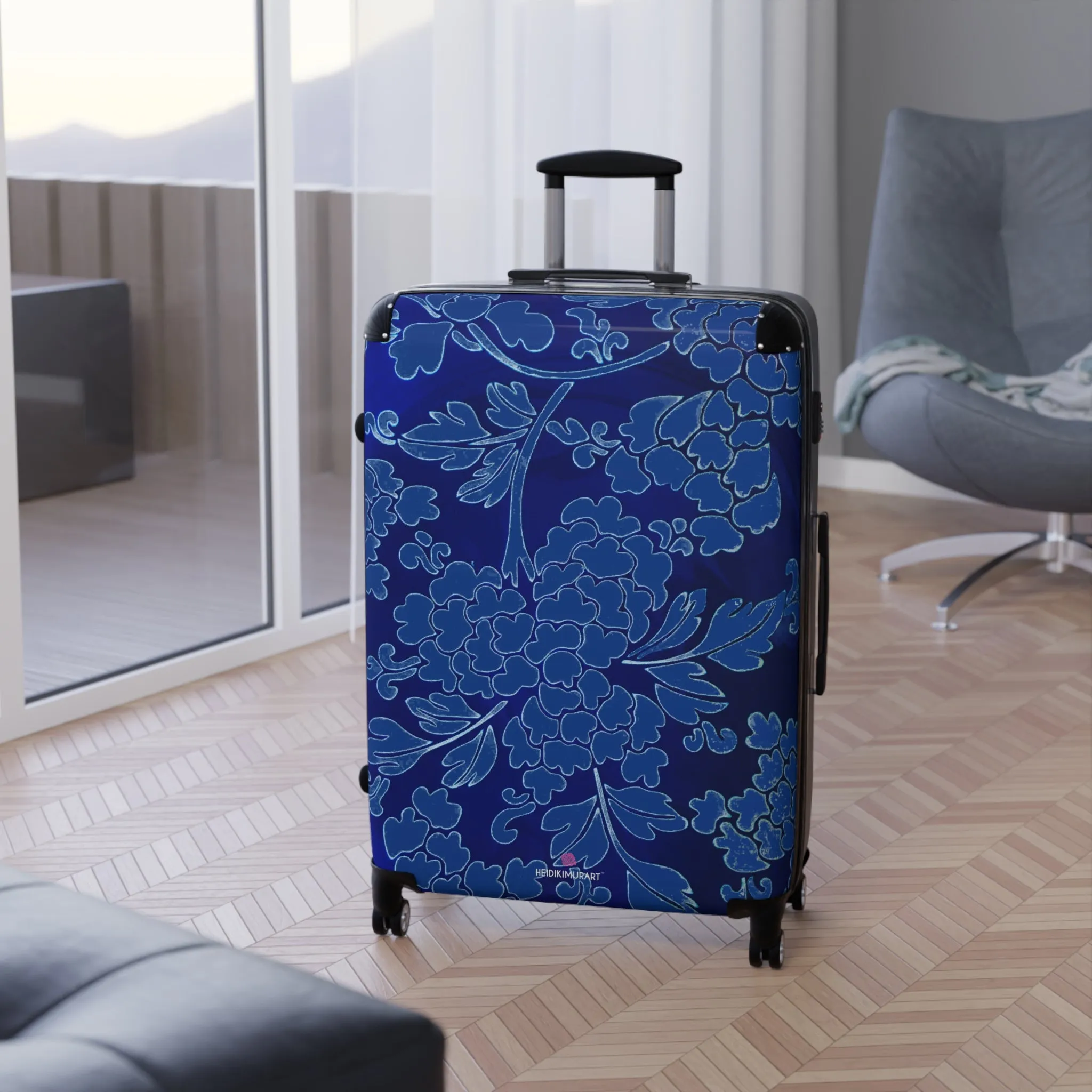 Royal Blue Floral Print Suitcase, Abstract Oriental Style Floral Print Designer Suitcases, Travel Bag Suitcases (Small, Medium, Large)