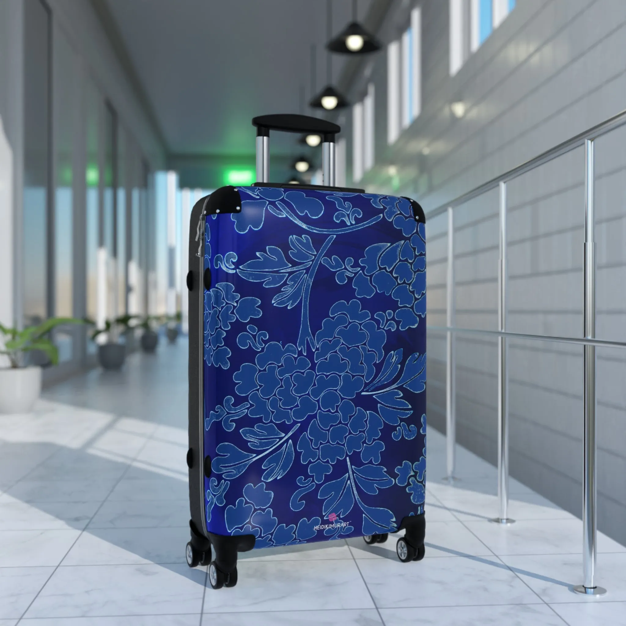 Royal Blue Floral Print Suitcase, Abstract Oriental Style Floral Print Designer Suitcases, Travel Bag Suitcases (Small, Medium, Large)