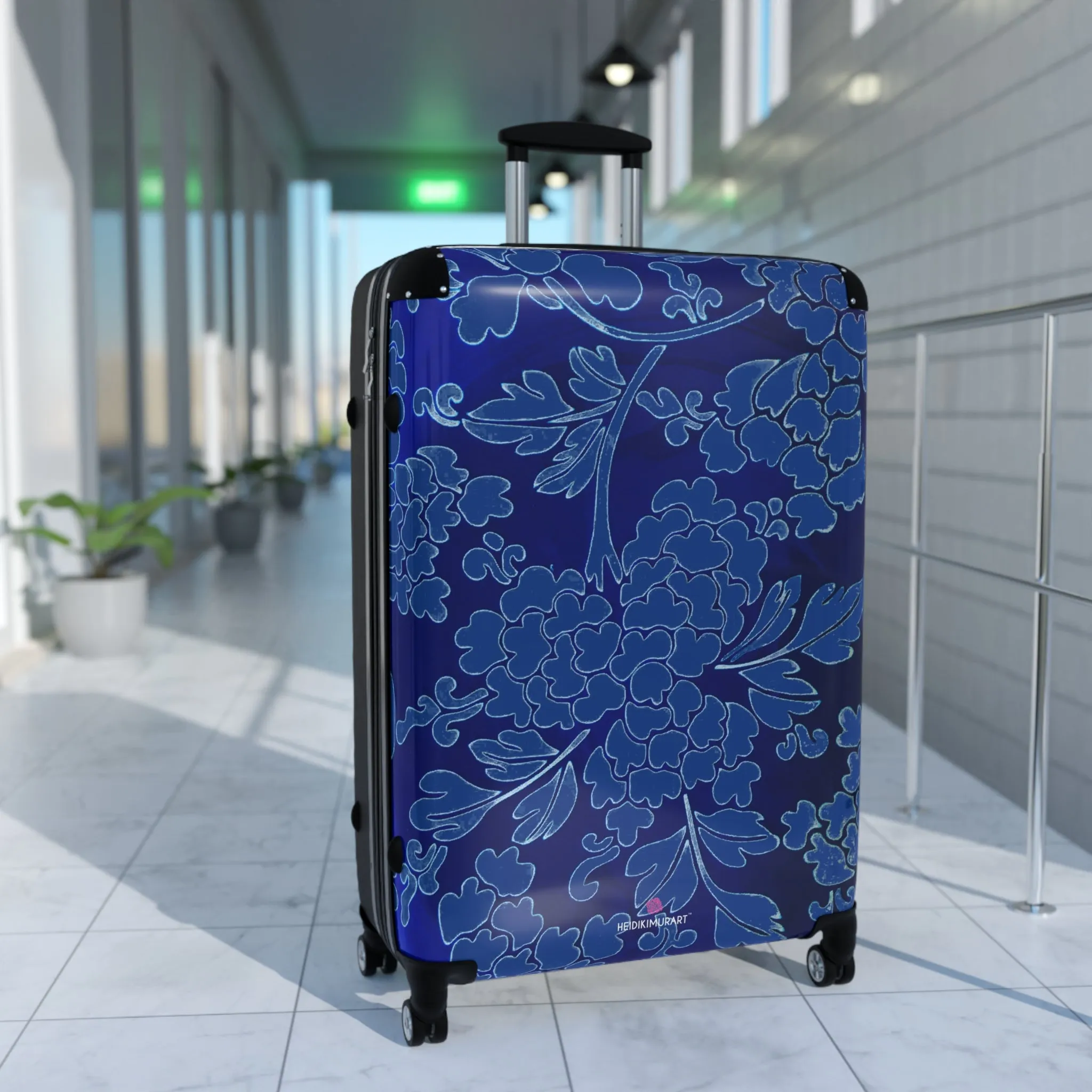 Royal Blue Floral Print Suitcase, Abstract Oriental Style Floral Print Designer Suitcases, Travel Bag Suitcases (Small, Medium, Large)