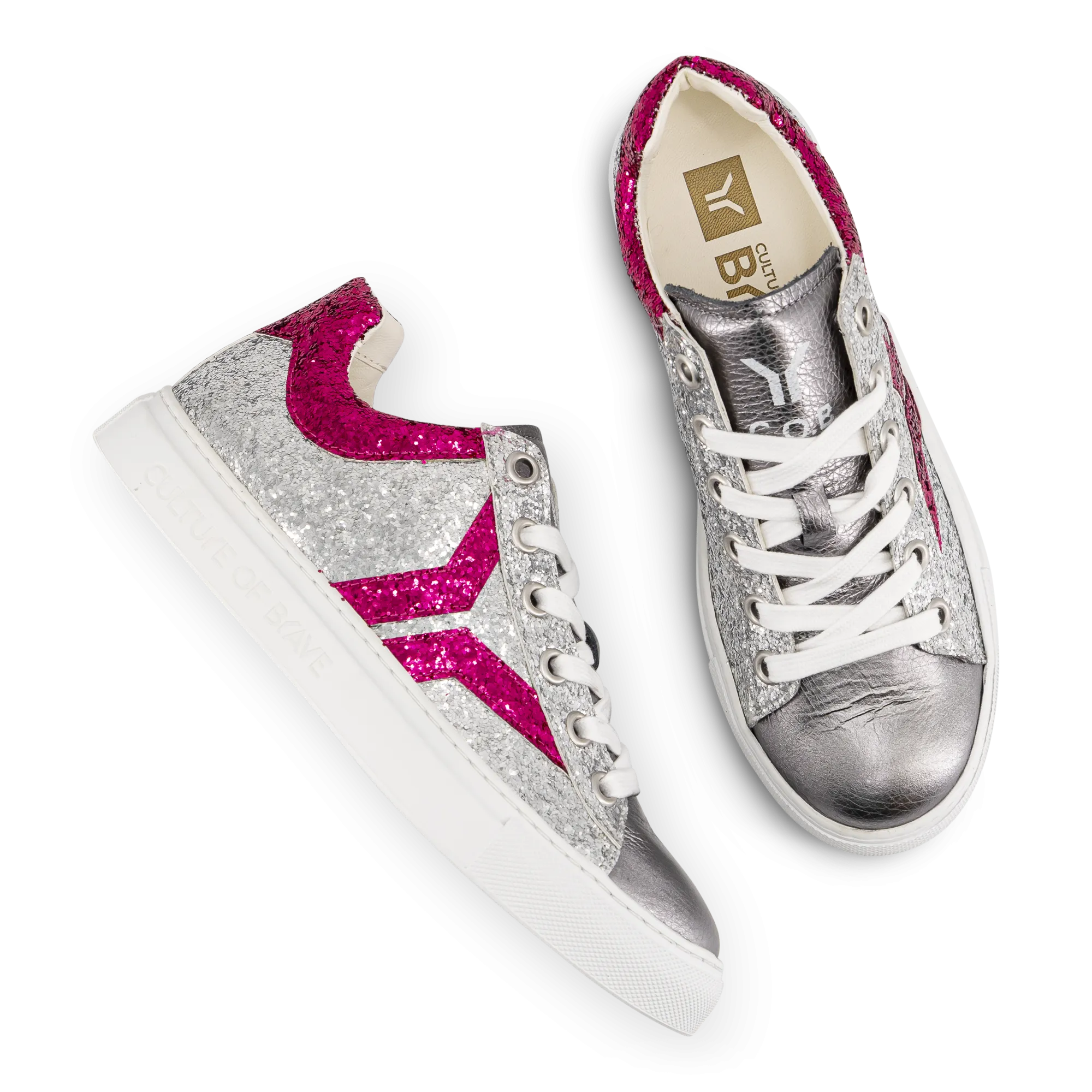 Shine Courage Women silver and fuchsia glitter leather low cut