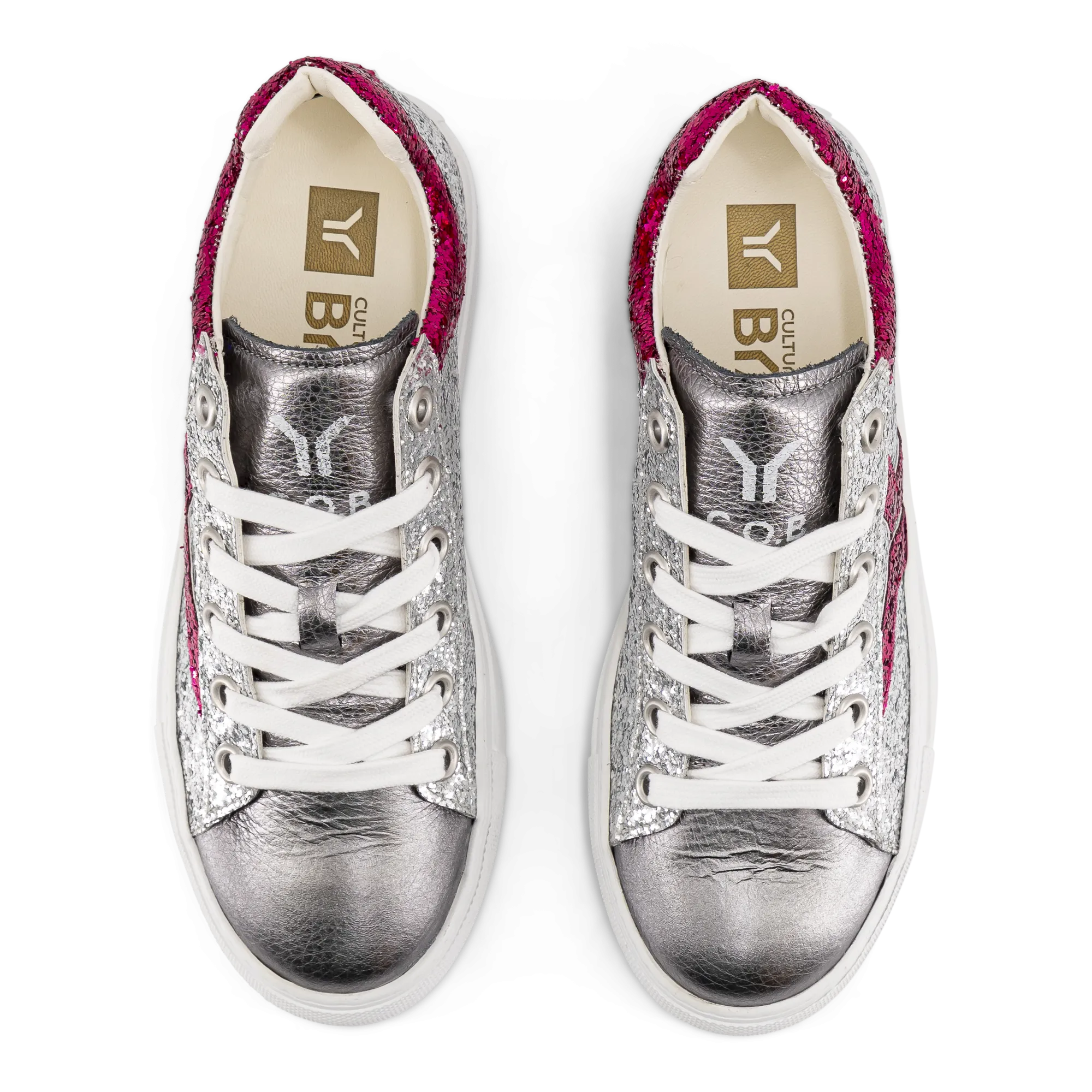 Shine Courage Women silver and fuchsia glitter leather low cut