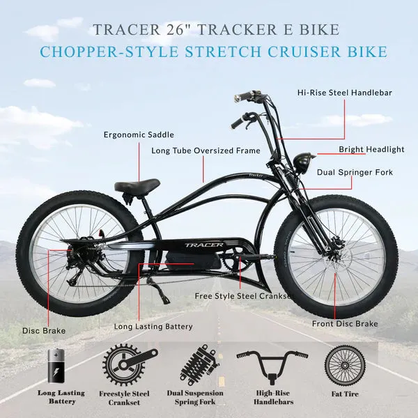 Tracer Tracker DS7 26" 7 Speed Stretch E-Bike with Classic Dual Springer Fork.