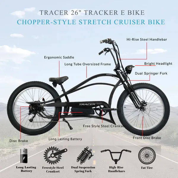 Tracer Tracker DS7 26" 7 Speed Stretch E-Bike with Classic Dual Springer Fork.