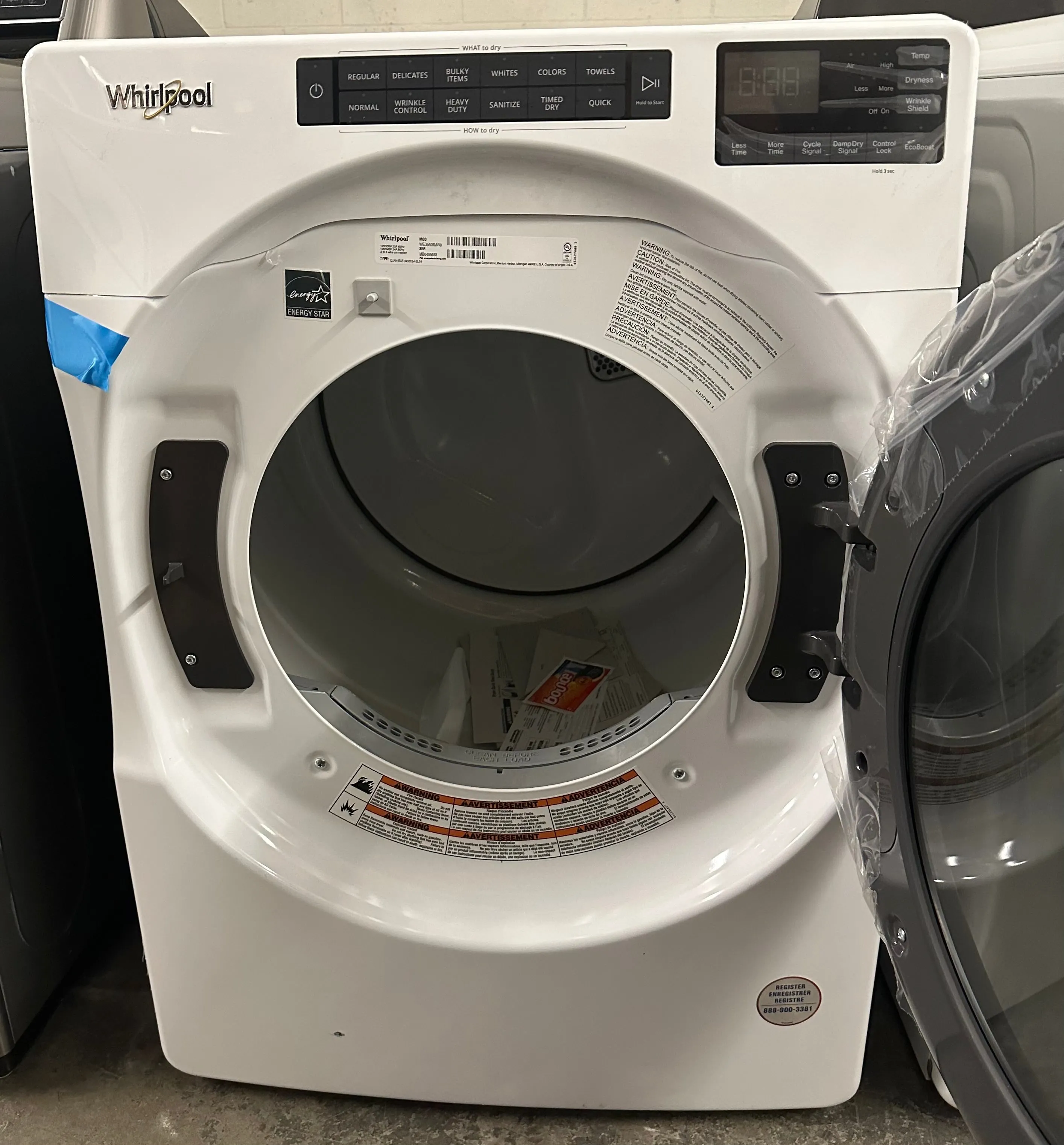 Whirlpool WED5605MW 27 Inch Electric Dryer with 7.4 cu. ft. Capacity, Advanced Moisture Sensing, Wrinkle Shield™, EcoBoost™, 36 Dry Cycles, Sanitize Cycle, Quad Baffles, Intuitive Controls, and ENERGY STAR® Certified: White